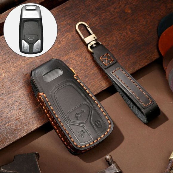 Audi Leather Key Fob Cover Case Black #858 - Picture 1 of 8
